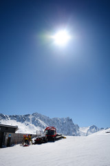 snow caterpillar bulldozer, Sun, mountains, summit station