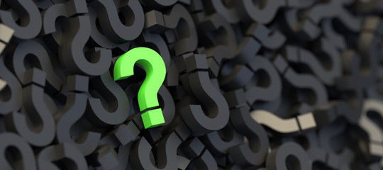 Green question mark on a background of black signs. 3D Rendering