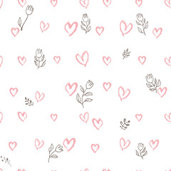 Seamless pattern of hand drawing hearts and tulips. A simple modern background for romantic design. Doodle pink hearts and line-art flowers are carelessly scattered over white.