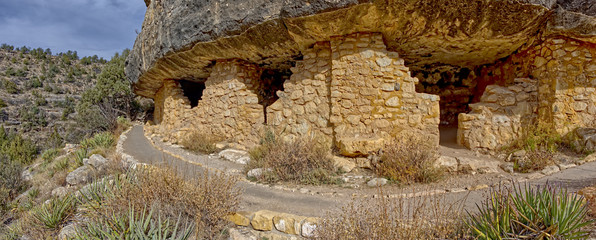 Sinagua Great House in Walnut Canyon National Monument Arizona. The ruins are managed by the National Park Service. No property release needed. This panorama is composed of 6 photos stitched together.