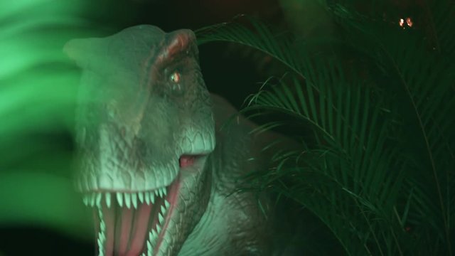 Jurassic Like scene With Dinosaur Tyrannosaurus. pre historic Animal Rex lifts head and open flexes jaw to snarling. outdoor at A green bush trees