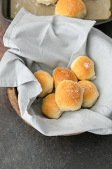 Homemade Dinner Rolls in Wooden Bread Basket
