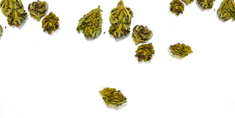 Flat lay of Cannabis flower buds on white background
