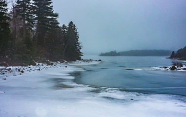 Winter lake shoreline on a misty day in Halifax, Nova Scotia, frozen, foggy.