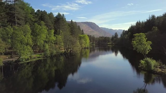 Aerial view of Glencoe Lochan on a sunny day, Glencoe, Scottish Highlands, Scotland