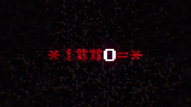 Intentional digital artifact injection fx animation, decoding a noisy scambled 8-bit text: technology.