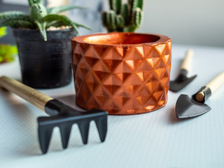 Copper geometric concrete planters. Painted concrete planters for home decoration