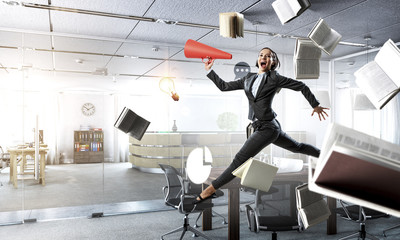Dancing businesswoman in office. Mixed media