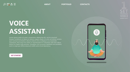 Character voice assistant listens to user commands to play music, answer questions. Virtual person is friend inside a smartphone. Smart speaker, voice command device with integrated virtual assistant