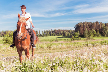 girl riding a horse walking in the field