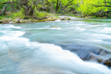 Arrow River flowing through gorge lined with deciduous trees.