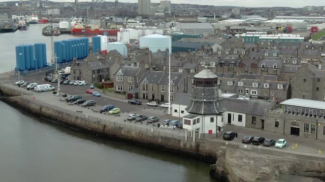 Aerial view of Footdee village and Aberdeen on a cloudy day, Aberdeenshire, Scotland