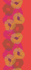 Fototapeta na wymiar Vertical border bright floral vector illustration Transparent layers bright pink, yellow and warm orange poppy flowers seamless repeat pattern. Ideal for cheerful stylish wallpaper, scrapbooking,
