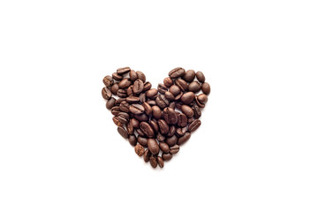 Heart shape of roasted coffee beans isolated on a white background.