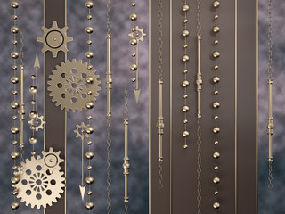 Luxurious background with gold gears, clock hands, chains and other details, illustrating retro technology with steampunk elements. 3D illustration