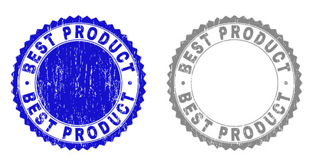Grunge BEST PRODUCT stamp seals isolated on a white background. Rosette seals with grunge texture in blue and grey colors. Vector rubber imprint of BEST PRODUCT label inside round rosette.