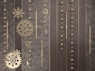 Luxurious background with gold gears, clock hands, chains and other details, illustrating retro technology with steampunk elements. 3D illustration
