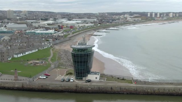 Aerial view of Aberdeen harbour shipping control centre on a cloudy day, Aberdeenshire, Scotland