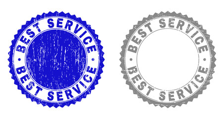 Grunge BEST SERVICE stamp seals isolated on a white background. Rosette seals with grunge texture in blue and gray colors. Vector rubber imitation of BEST SERVICE caption inside round rosette.