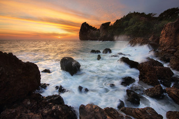 Beautiful scenery during sunrise of AO Bo thonglang Beach at Bang Saphan District ,Prachuap Khiri Khan province in Thailand. Travel and natural Concept