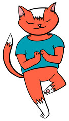 Red cat in a blue T-shirt doing yoga. Vector cartoon cat stands in asana