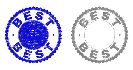 Grunge BEST stamp seals isolated on a white background. Rosette seals with grunge texture in blue and grey colors. Vector rubber overlay of BEST title inside round rosette.