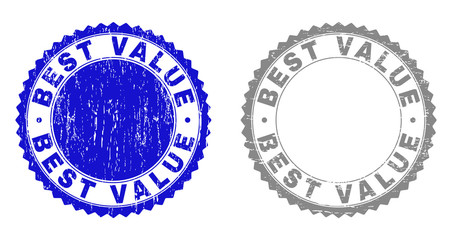 Grunge BEST VALUE watermarks isolated on a white background. Rosette seals with grunge texture in blue and grey colors. Vector rubber imprint of BEST VALUE tag inside round rosette.
