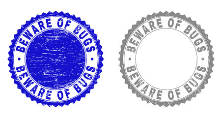 Grunge BEWARE OF BUGS stamp seals isolated on a white background. Rosette seals with distress texture in blue and grey colors. Vector rubber imitation of BEWARE OF BUGS label inside round rosette.