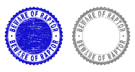 Grunge BEWARE OF RAPTOR stamp seals isolated on a white background. Rosette seals with grunge texture in blue and grey colors. Vector rubber imitation of BEWARE OF RAPTOR text inside round rosette.