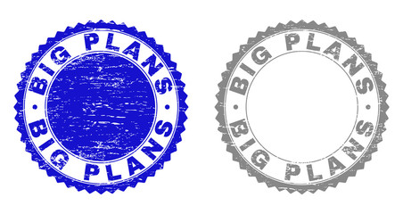Grunge BIG PLANS stamp seals isolated on a white background. Rosette seals with grunge texture in blue and grey colors. Vector rubber watermark of BIG PLANS caption inside round rosette.