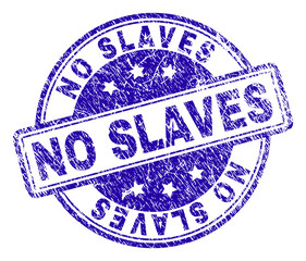 NO SLAVES stamp seal watermark with grunge texture. Designed with rounded rectangles and circles. Blue vector rubber print of NO SLAVES label with scratched texture.