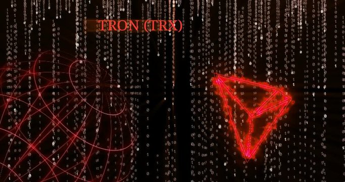 Glowing Tron (TRX) symbol against the falling binary code symbols