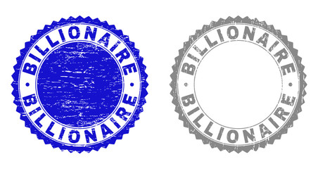 Grunge BILLIONAIRE stamp seals isolated on a white background. Rosette seals with grunge texture in blue and gray colors. Vector rubber watermark of BILLIONAIRE text inside round rosette.