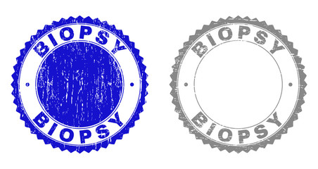 Obraz premium Grunge BIOPSY stamp seals isolated on a white background. Rosette seals with grunge texture in blue and gray colors. Vector rubber overlay of BIOPSY text inside round rosette.