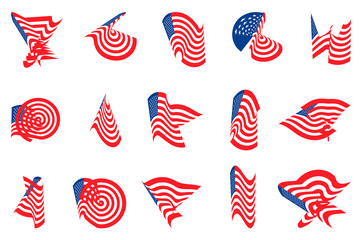 Set of 15 different curved USA star flag logo stripes design elements vector icons on white background Eps10