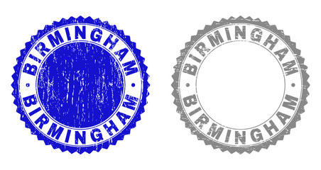 Grunge BIRMINGHAM stamp seals isolated on a white background. Rosette seals with grunge texture in blue and grey colors. Vector rubber imitation of BIRMINGHAM title inside round rosette.