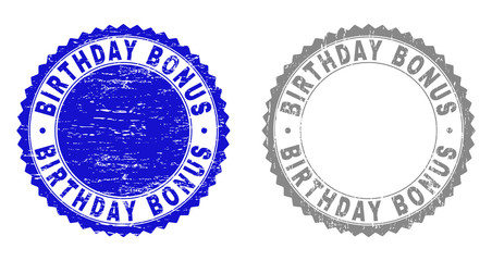 Grunge BIRTHDAY BONUS stamp seals isolated on a white background. Rosette seals with grunge texture in blue and grey colors. Vector rubber imprint of BIRTHDAY BONUS caption inside round rosette.