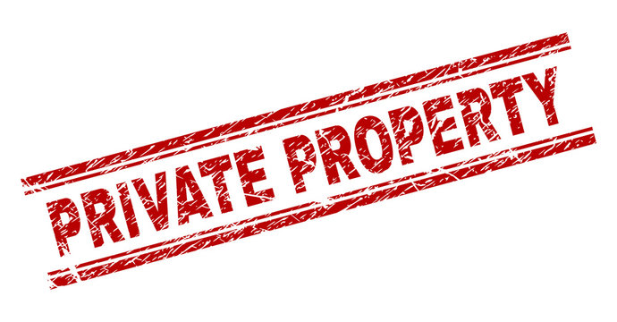 PRIVATE PROPERTY seal print with grunge texture. Red vector rubber print of PRIVATE PROPERTY label with dirty texture. Text title is placed between double parallel lines.