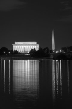 The Lincoln Memorial and Washington Monument reflecting in the Potomac River, in Washington, DC