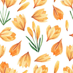 Seamless pattern with watercolor crocuses. Spring bright flowers. Seamless background.