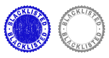 Grunge BLACKLISTED stamp seals isolated on a white background. Rosette seals with distress texture in blue and grey colors. Vector rubber imprint of BLACKLISTED text inside round rosette.