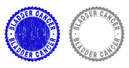 Grunge BLADDER CANCER stamp seals isolated on a white background. Rosette seals with grunge texture in blue and gray colors. Vector rubber overlay of BLADDER CANCER label inside round rosette.