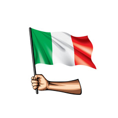 Italy flag and hand on white background. Vector illustration