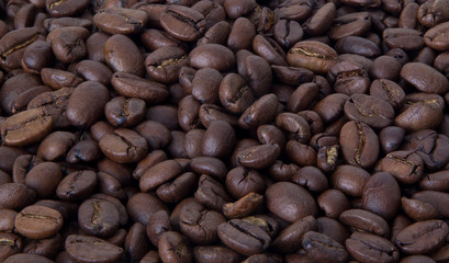 Whole grains of coffee close-up