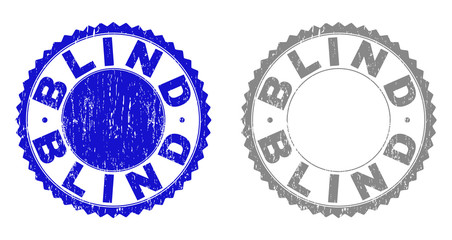 Grunge BLIND stamp seals isolated on a white background. Rosette seals with grunge texture in blue and gray colors. Vector rubber imprint of BLIND tag inside round rosette.