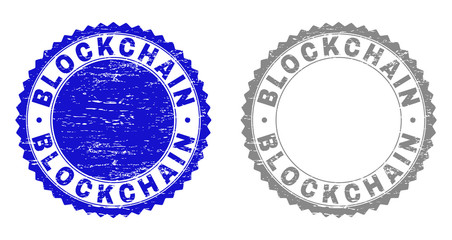 Grunge BLOCKCHAIN stamp seals isolated on a white background. Rosette seals with grunge texture in blue and gray colors. Vector rubber watermark of BLOCKCHAIN title inside round rosette.