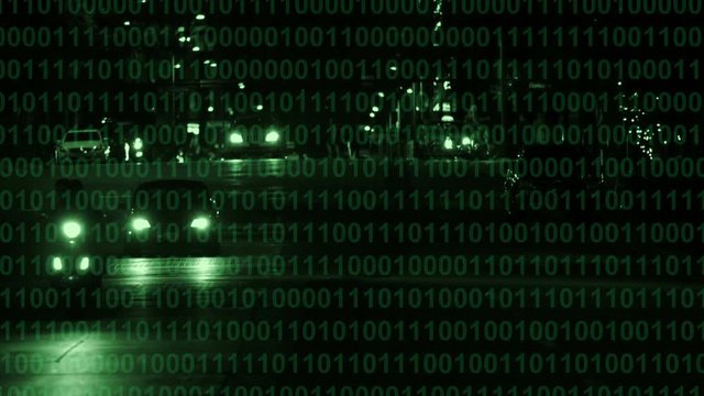 A motorcycle and cars come into focus at night with binary computer code scrolling on the screen