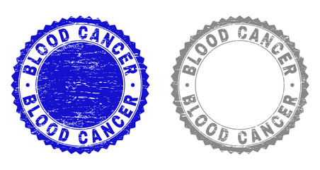 Grunge BLOOD CANCER stamp seals isolated on a white background. Rosette seals with grunge texture in blue and gray colors. Vector rubber imitation of BLOOD CANCER title inside round rosette.