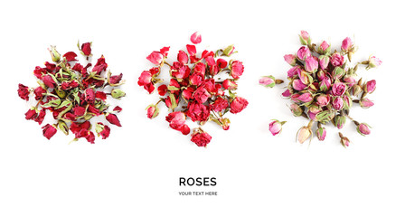 Creative layout made of tea roses isolated on white background. Flat lay. Food concept.