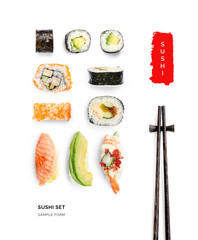 Creative layout made of sushi on the white background. Flat lay. Food concept.  © StudioDFlorez